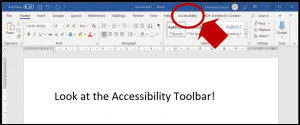 Image showing how the Document Accessibility Toolbar appears beside other toolbars in MS Word, when installed.