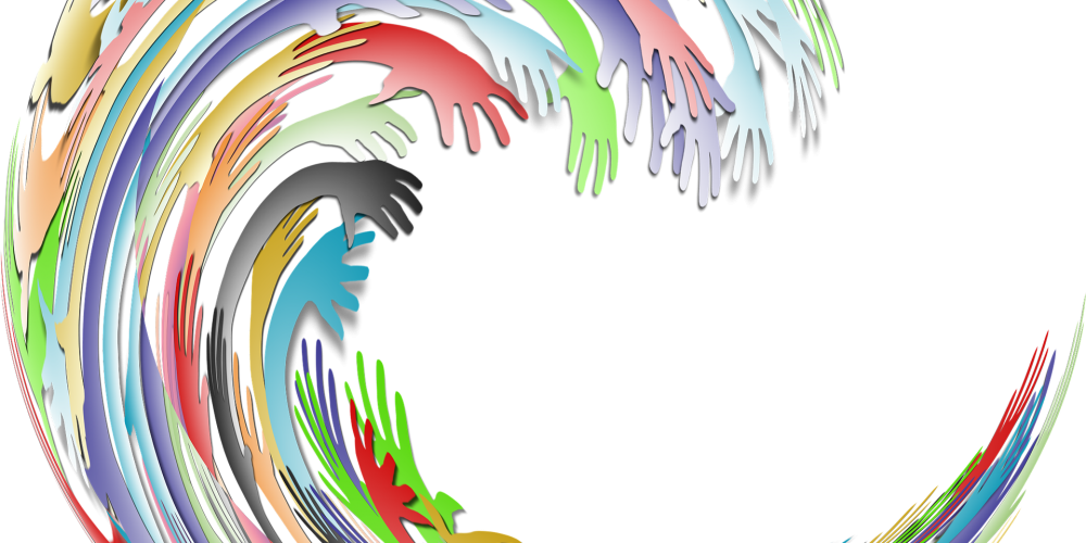 Image of multiple hands coming together - suggests universality and accessibility